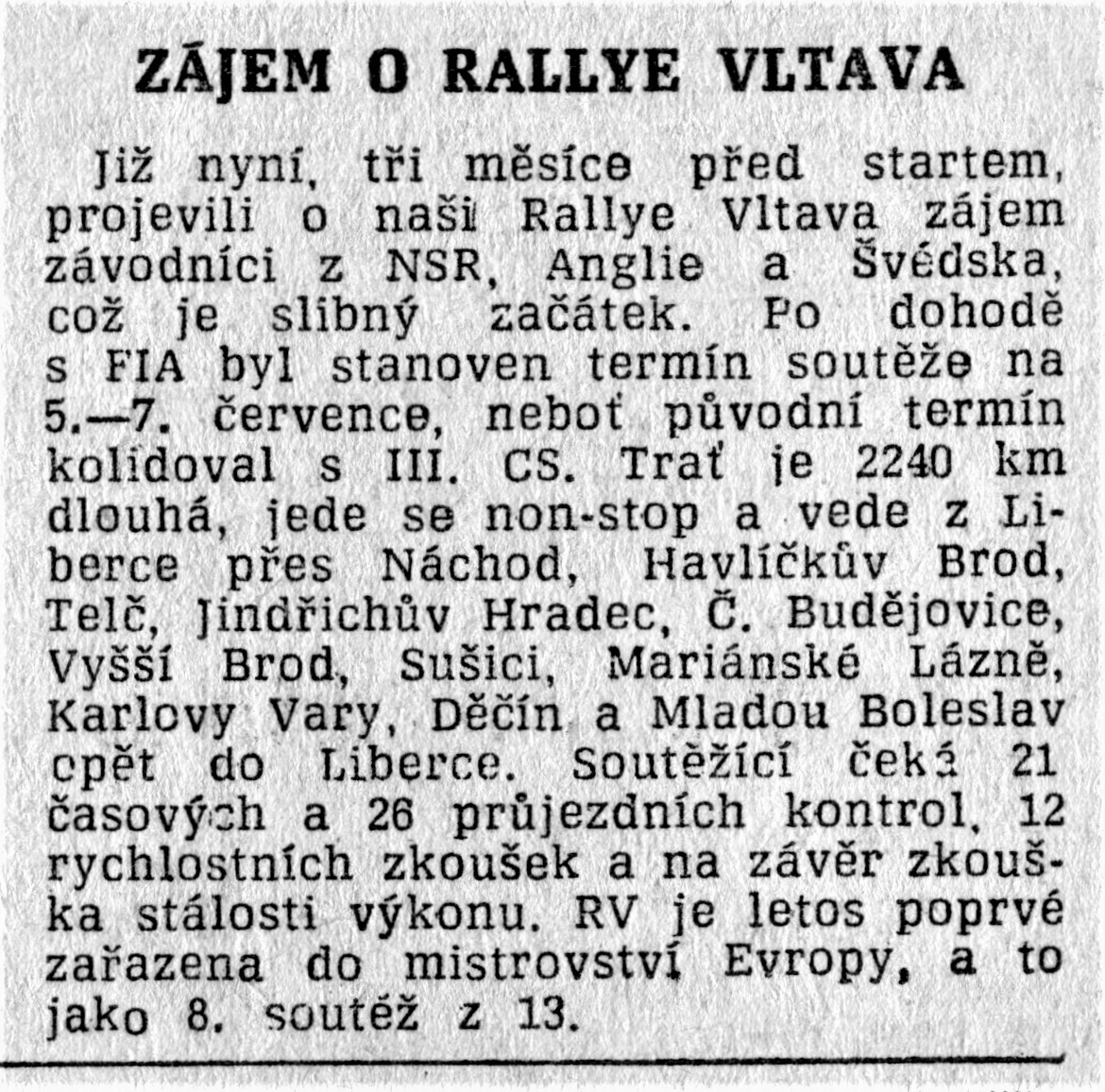 Zájem o Rallye Vltava